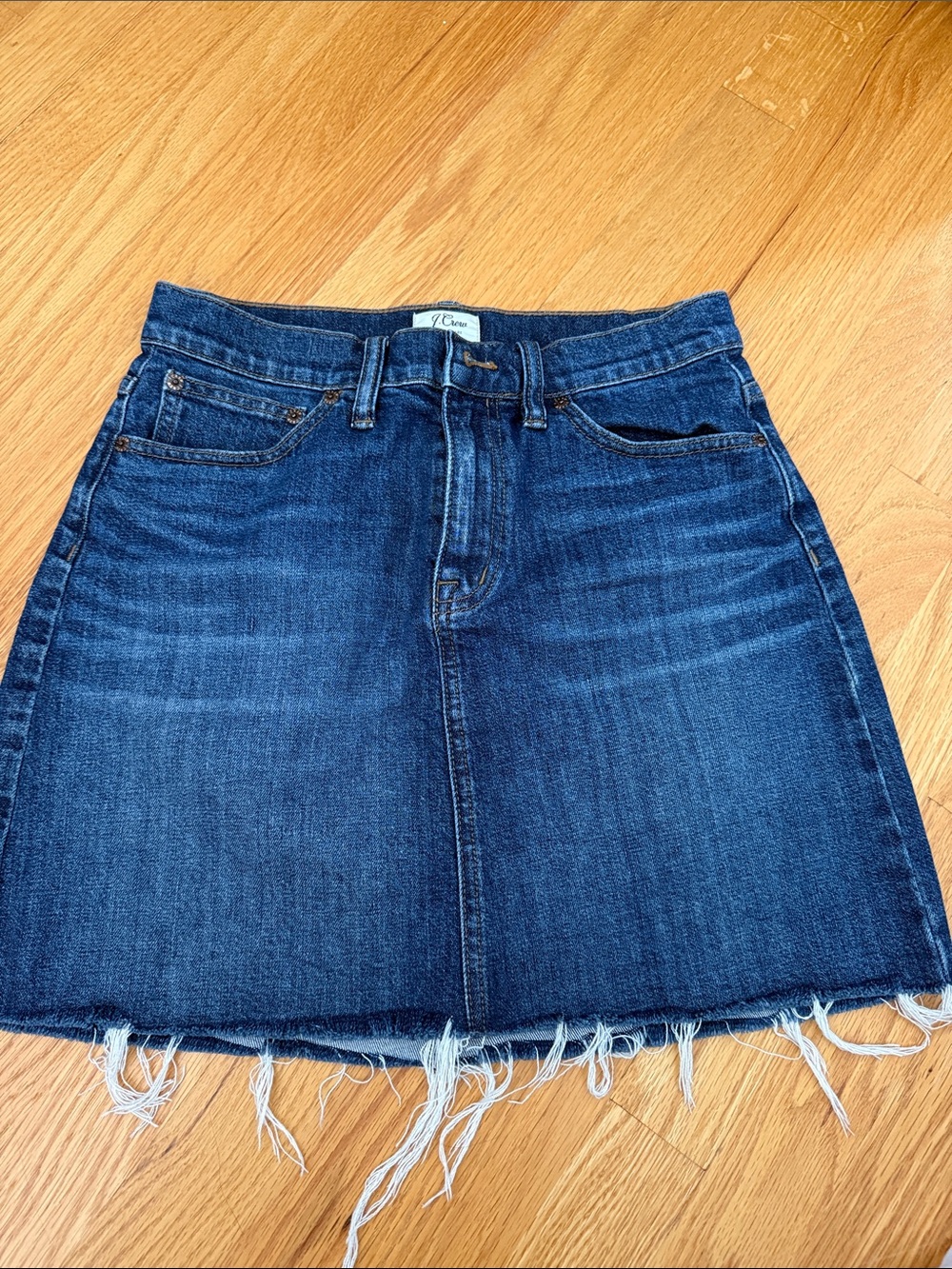 J. Crew Dark Blue Denim Mini Skirt with Frayed Hem
